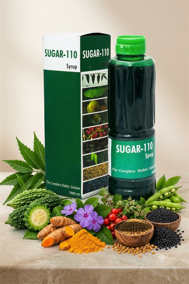 Ayurvedic herbal syrup surrounded by natural ingredients